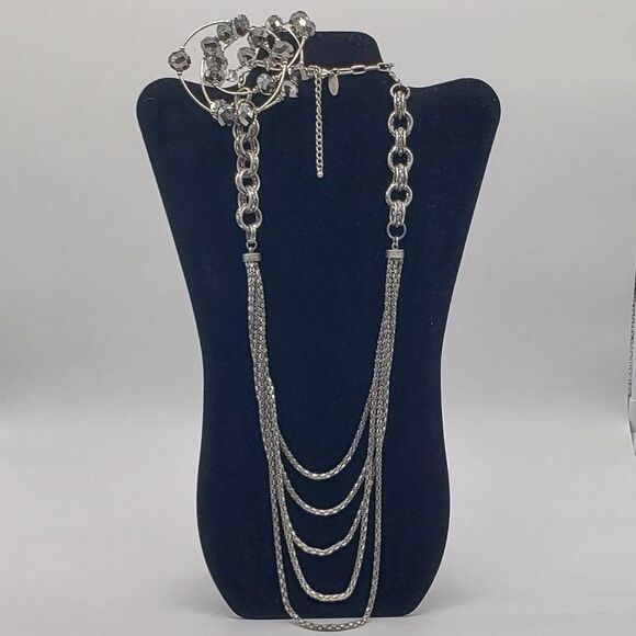 George Silver Tone 5 Strand Ring Link Necklace & Spring Silver Faux Gem Bracelet - Picture 1 of 14